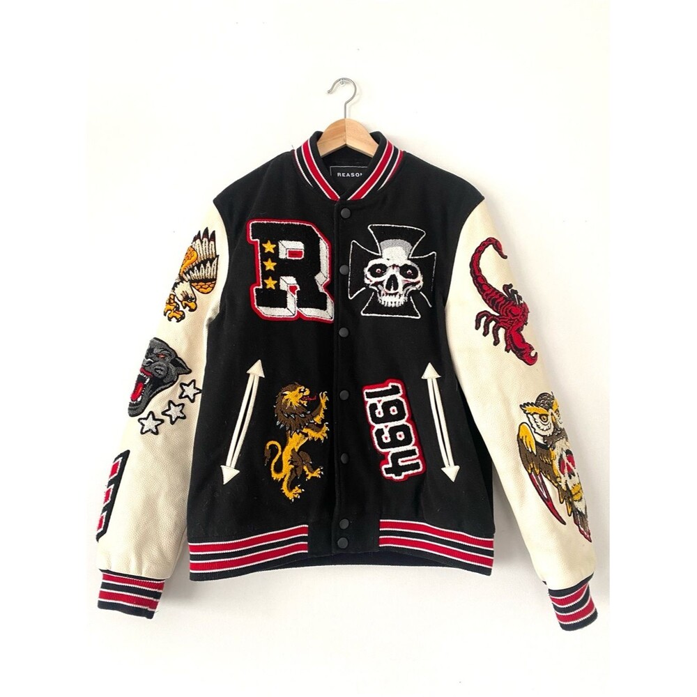 Reason Black Embroidered Varsity Patched Jacket Accents Sz M Street Casual